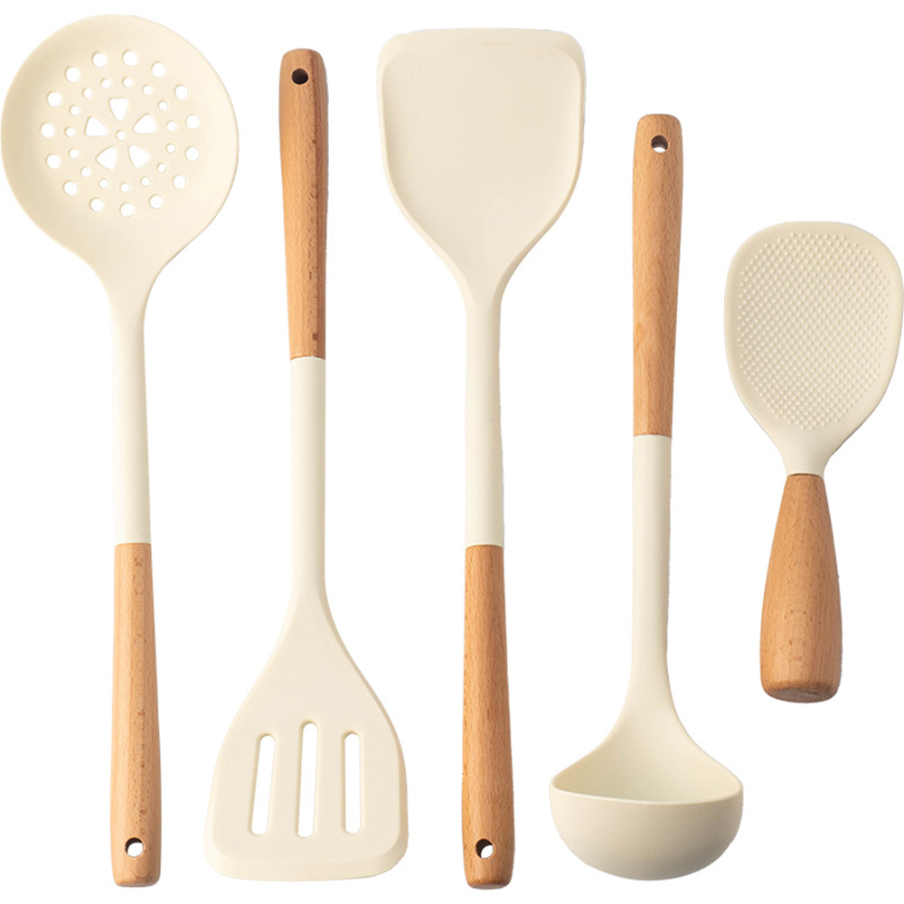 Home Cooking Utensil Set - 5 Stück weißes Silikon Holzgriff Koch