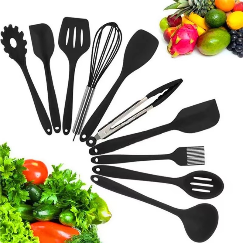 Home Cooking Utensil Set - 10-teiliges Silikon-Küchenutensilien-Set Antihaft-Silikonzange Löffel Spatel Nudelheber
